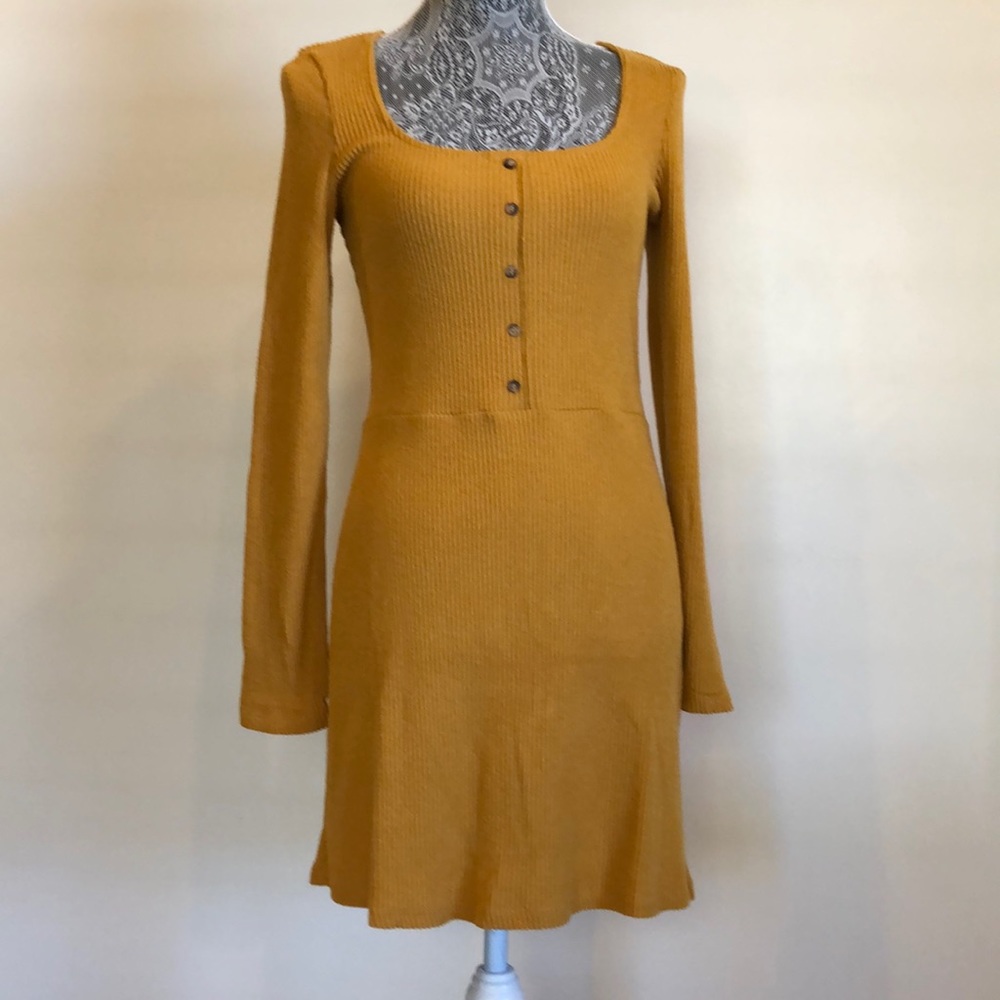 NEW BERSHKA square neck ribbed dress long sleeve Size Large